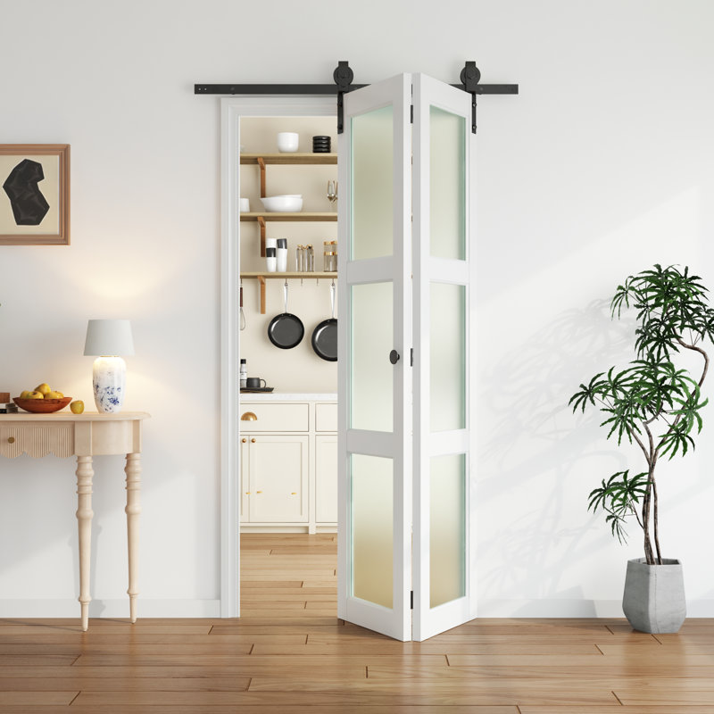 Double porte de grange pliante à panneaux en verre givré blanc H 84 po H 3 po, 32' x 84'