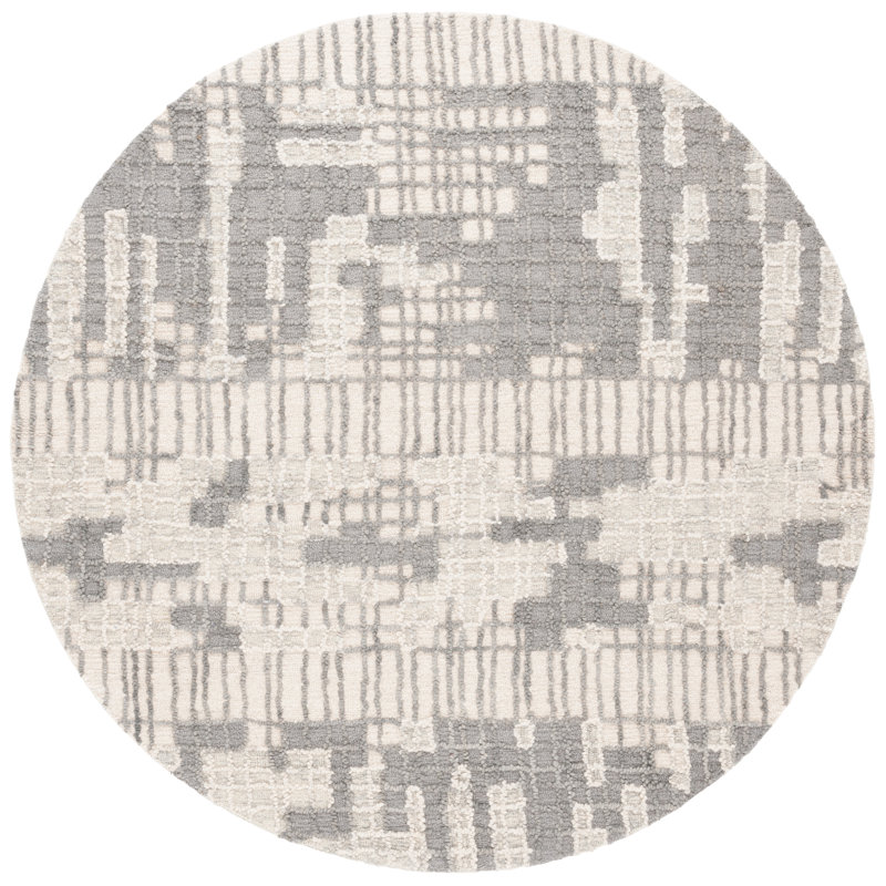 Veonica Hand Tufted Wool/Cotton Abstract Rug in Gray/Ivory/Dark Gray, Round 6'