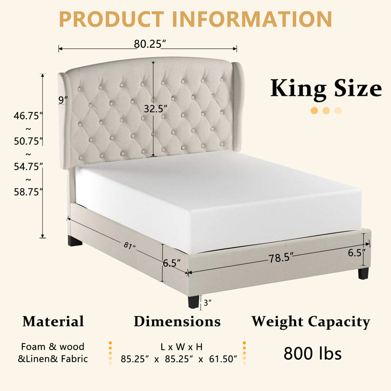 Lit tapissier en tissu avec tête de lit capitonnée, cadre de lit à hauteur réglable - Lit plateforme moderne pour chambre à coucher