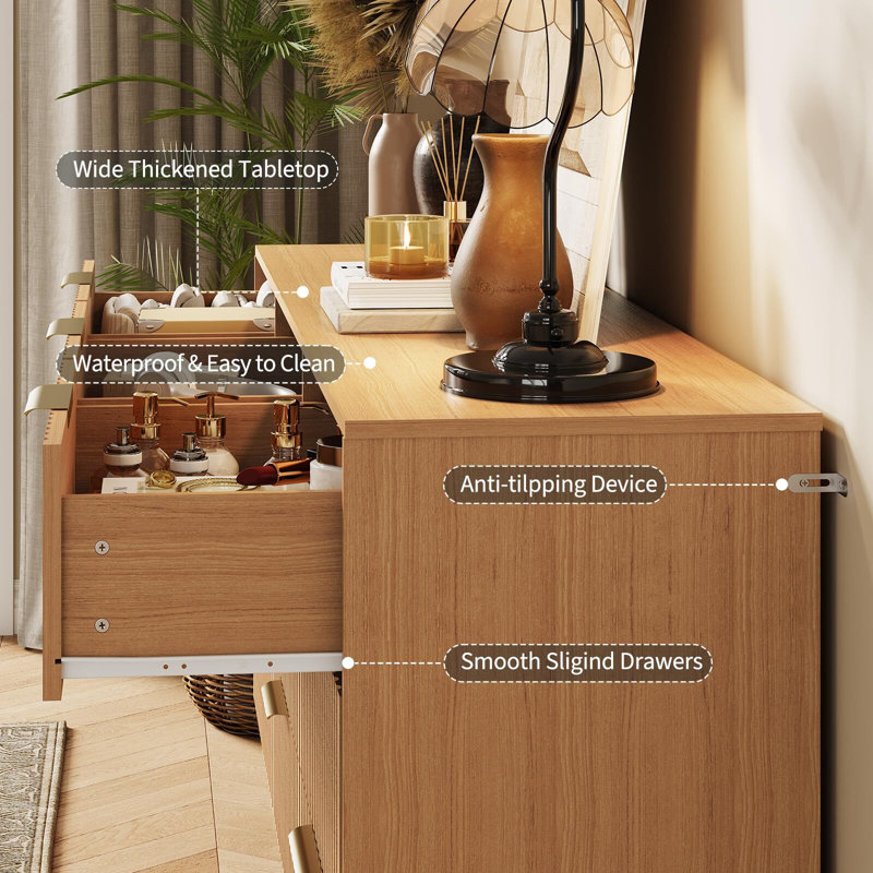 Commode de 63 pouces à 9 tiroirs pour chambre à coucher, coffre de rangement cannelé en bois avec poignées en métal pour le salon