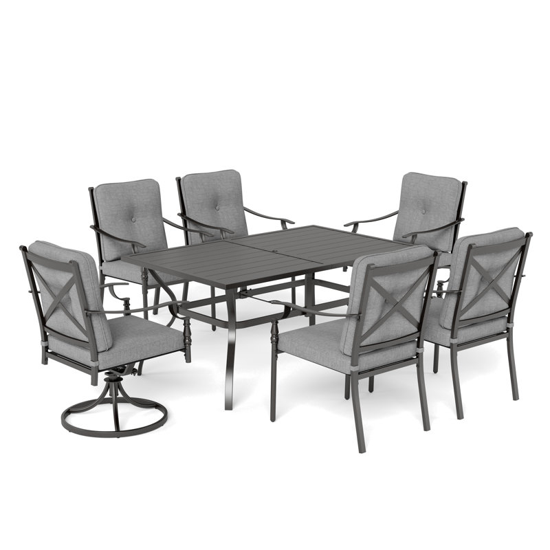 Ensemble repas extérieur pour 6 personnes avec chaises pivotantes et coussins