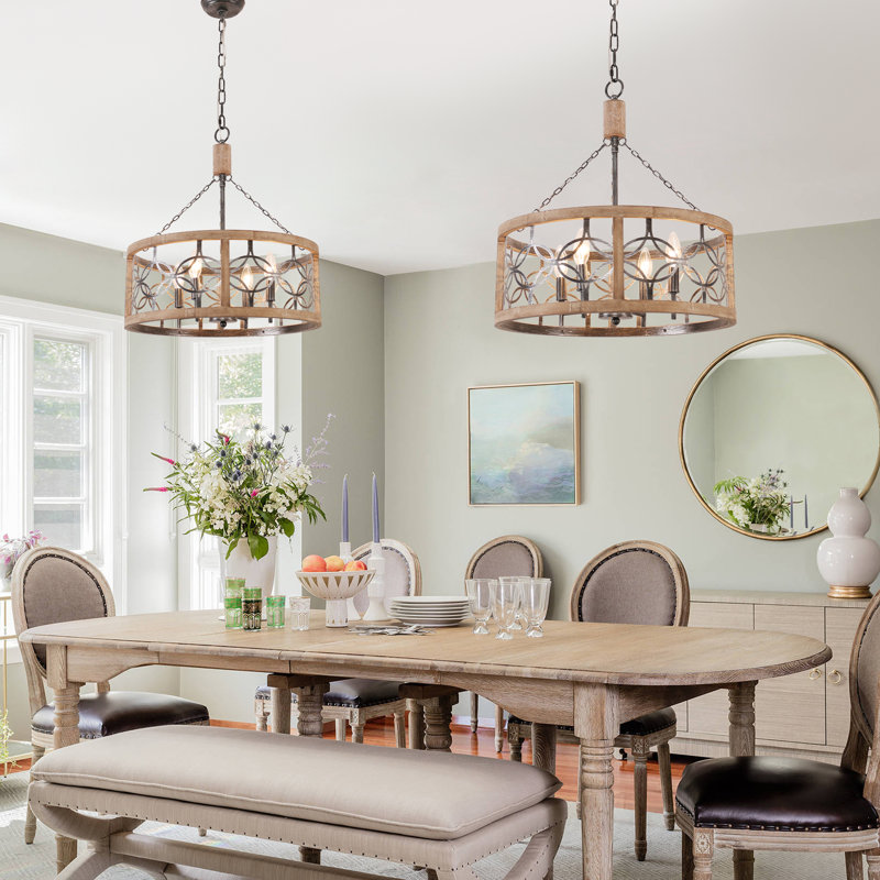 Ambrose 19.7" Solide Wood Drum Cgaed Chandelier for Kitchen Island, Weathered Wood