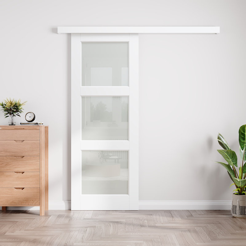 Porte de grange coulissante en verre givré 3-Lite Hidden Style, 32 po x 80 po, Standard, Frosted Glass