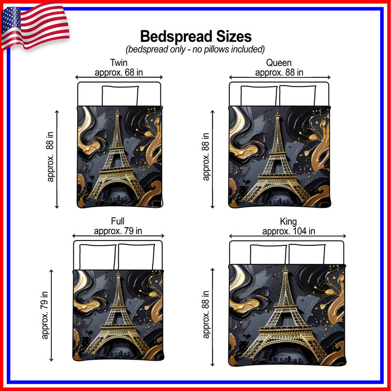 Eiffel Tower Gold Illustration Quilted Bedspread All Sizes, Twin