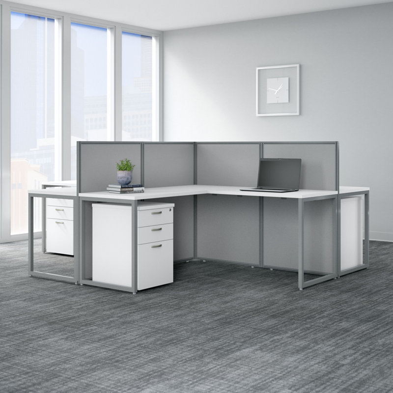 Easy Office 60W 4 Person L Shaped Benching Workstation - Reversible, Pure White