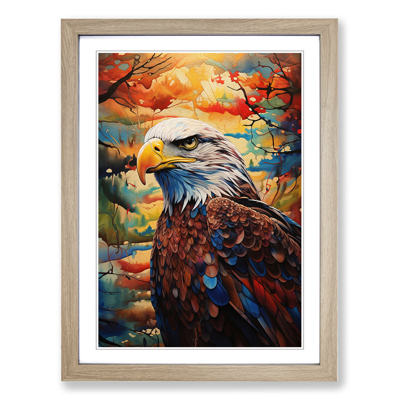 Eagle Expressionism - Single Picture Frame Print on Wood, 46cm H x 34cm W, Oak Framed
