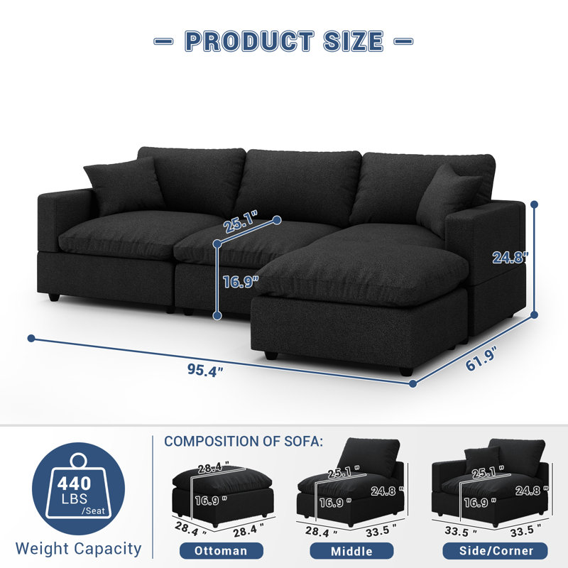 Canapé modulaire Cloud Couch, canapé modulaire convertible à siège profond pour le salon, canapé modulaire rembourré en duvet moelleux avec repose-pieds mobile