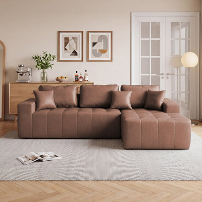 Canapé-lit modulaire en forme de L brun en similicuir brun, conception de chaise d'angle avec éponge haute densité, canapé à compression sans assemblage pour les petits espaces de salon