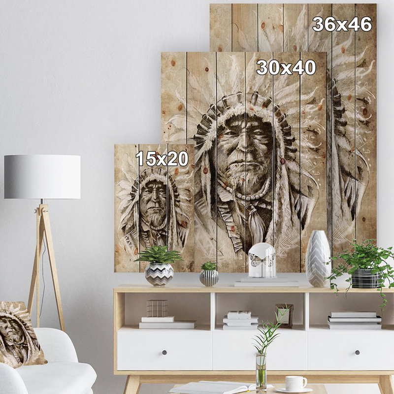 «American Indian Head», reproduction d'art, H 20 po x l 15 po x P 1po, Bois