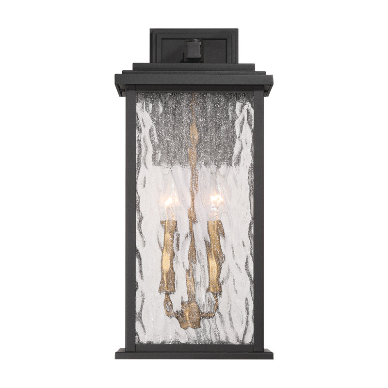 Estate - Applique murale d'extérieur 2 lumières - Noir avec accent laiton - Abat-jour verrerie de pluie