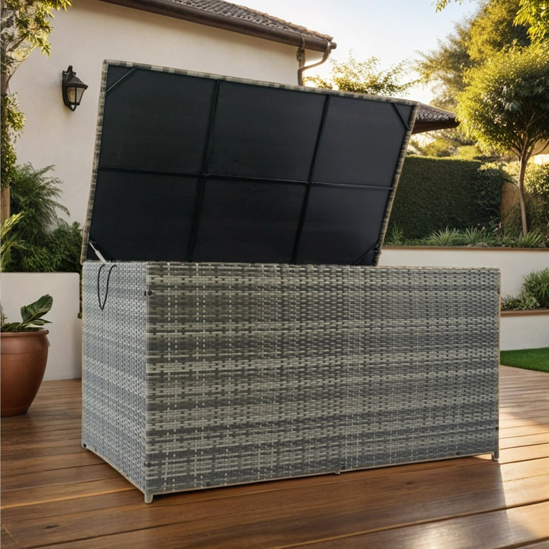 Boîte de rangement d'extérieur / de patio, boîtes de terrasse de patio en osier avec couvercle, rangement de coussin d'extérieur / de patio pour jouets d'enfants