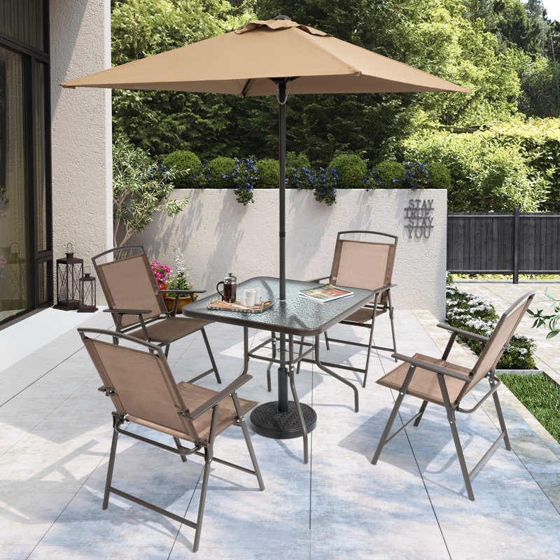  Ensemble repas de patio en métal pour 4 personnes avec table carrée et parasol Funnell, Brun