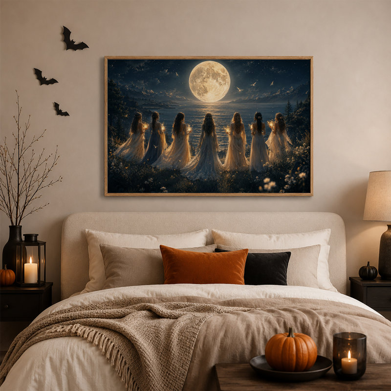 Sept femmes aux lumières scintillantes face à une lune géante - Toile murale d'Halloween, H 24 po x l 36 po