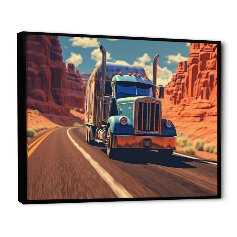 Semi Tractor - Transport, reproduction d'art sur toile, H 12 po x l 20 po x P 1 po, Cadre flottant noir