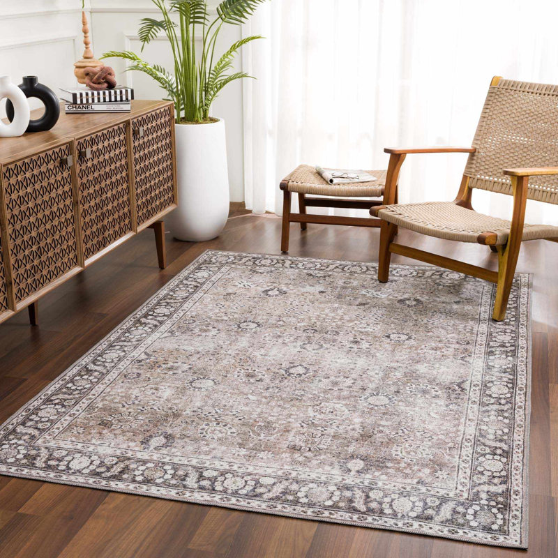 Agalia Machine Washable Oriental Charcoal/Black Area Rug, Rectangle 9'3" x 12'