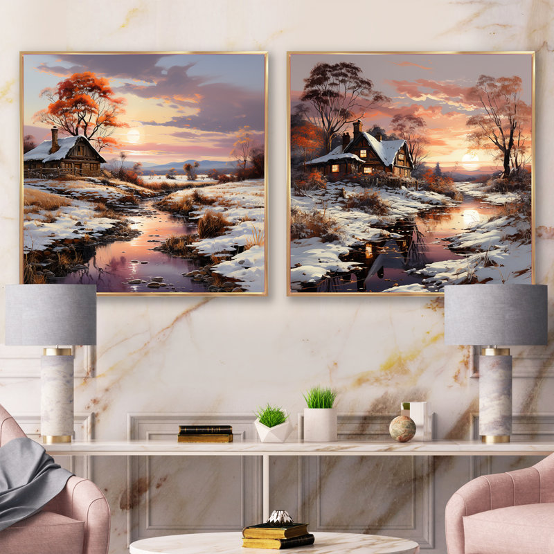 «Sunrise Winter Country Panorama», 2 pièces, Cadre flottant doré, H 16 po x l 33 po