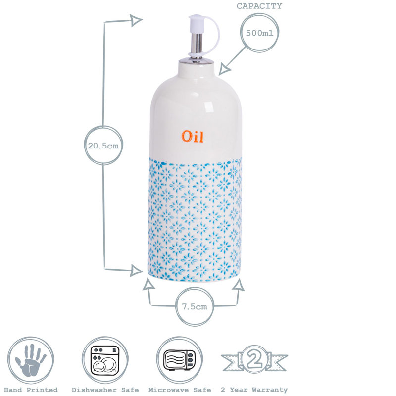 Nicola Spring Hand-Printed Olive Oil Pourer Bottles - 500ml - Blue - Pack of 2