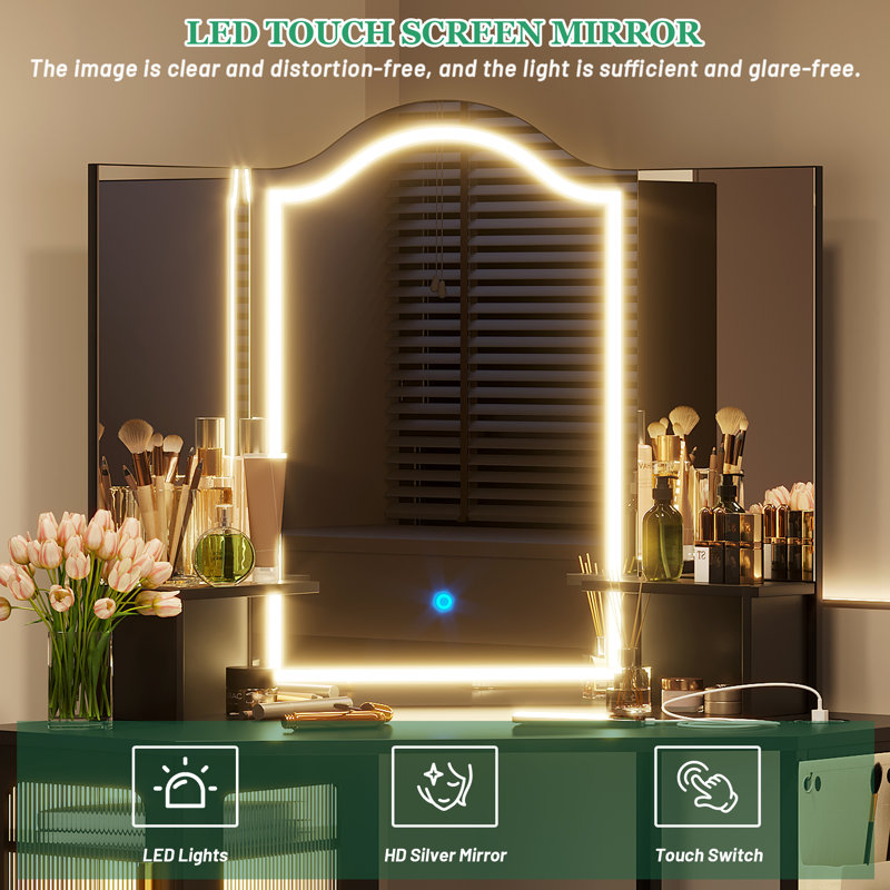 Dressing Table with Motion Sensor 3-colour lighting, Charging Socket and Stool, Black