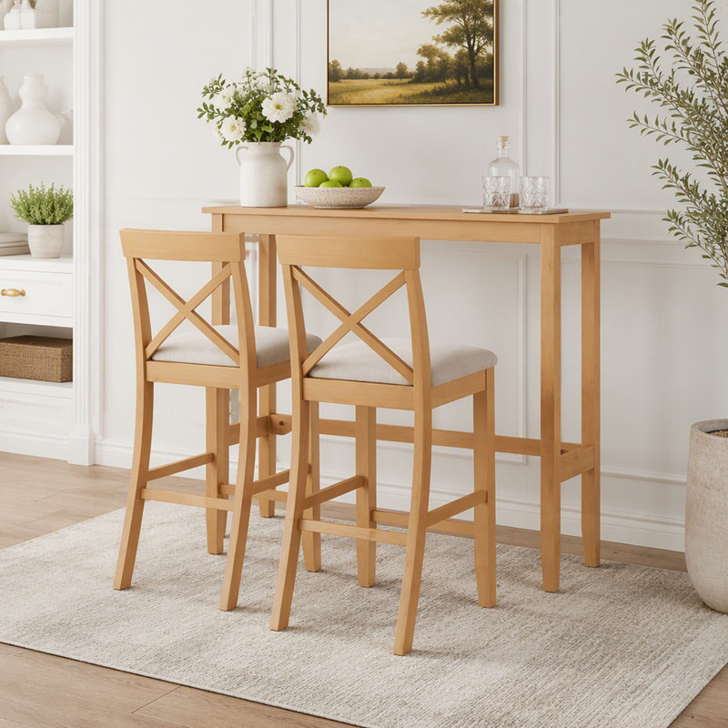 Farmhouse Style Rectangular Wood Bar Height Dining Set With Two Chairs For Compact Kitchen Breakfast Nook Spaces