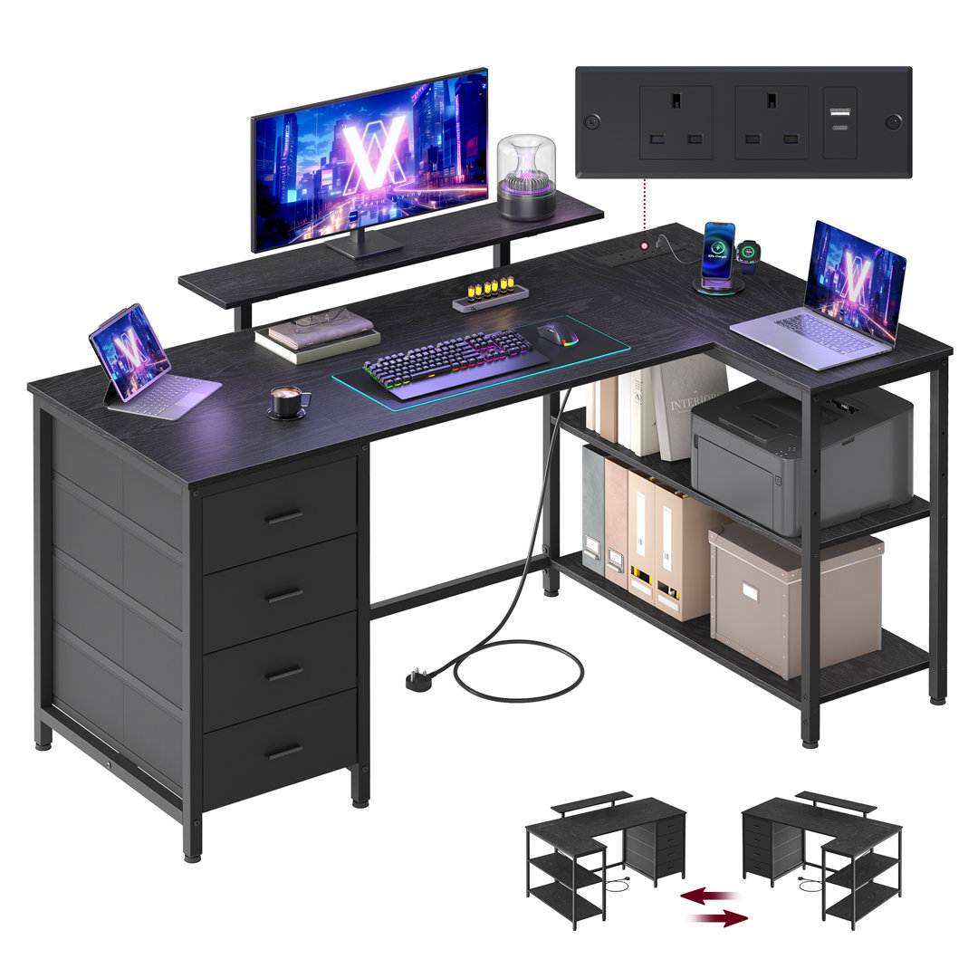 L Shaped Corner Desk with 4 Drawers and Power Outlets, Computer Table with Monitor Stand, Black