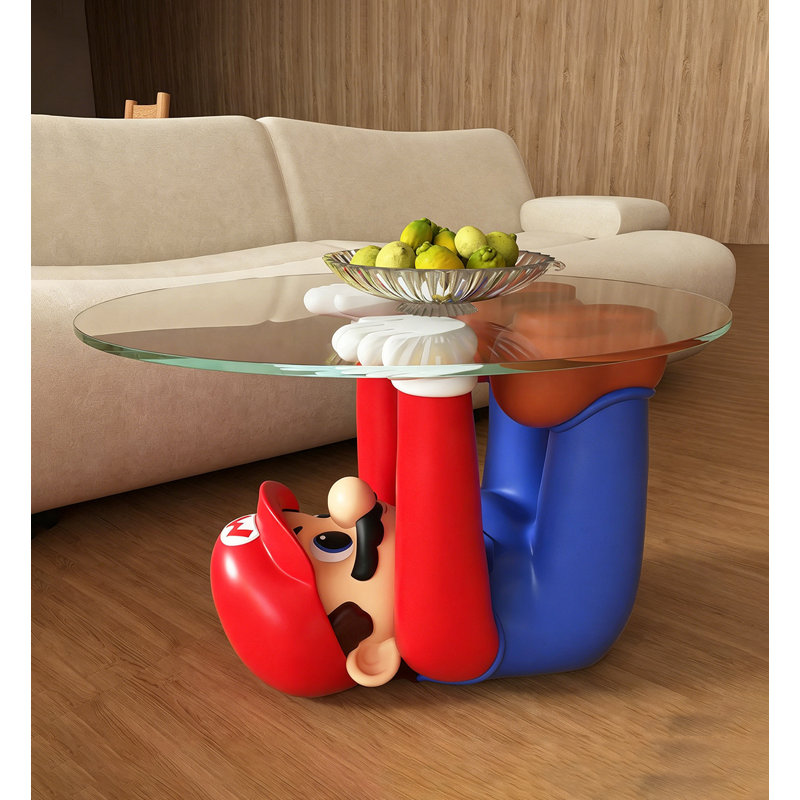 Table basse en résine de style dessin animé avec plateau en verre