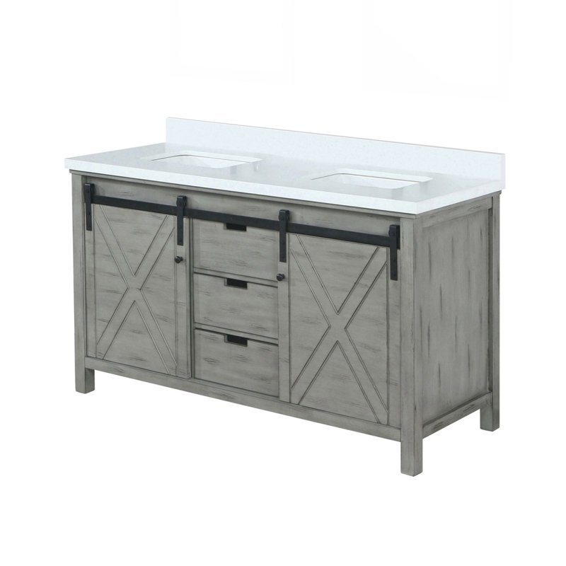 Meuble-lavabo double gris cendré 60 po X P 22 po D, avec comptoir en marbre de culture, Bois de frêne gris, 60"