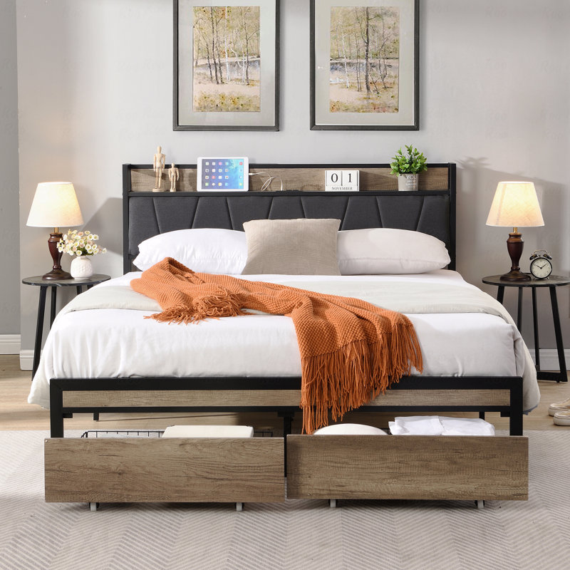 Base de lit plateforme double en métal, tête de lit tapissier, USB, rangement
