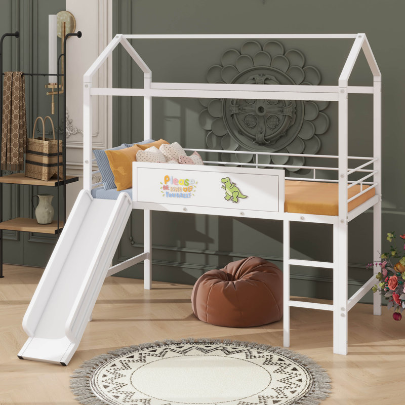 Twin Size Metal House Bed Loft Bed With Two-Sided Writable Wooden Board And Slide, White