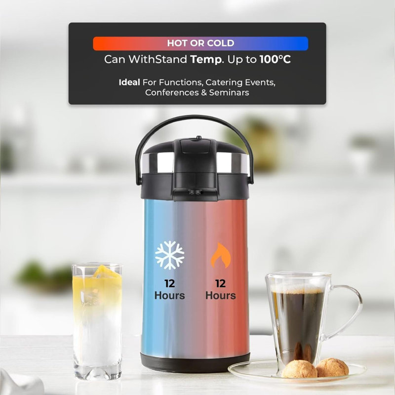 3L Vacuum Airpot Insulated Flask Stainless Steel Hot Tea Coffee Drink Thermos Jug With Pump Action Silver, Silver