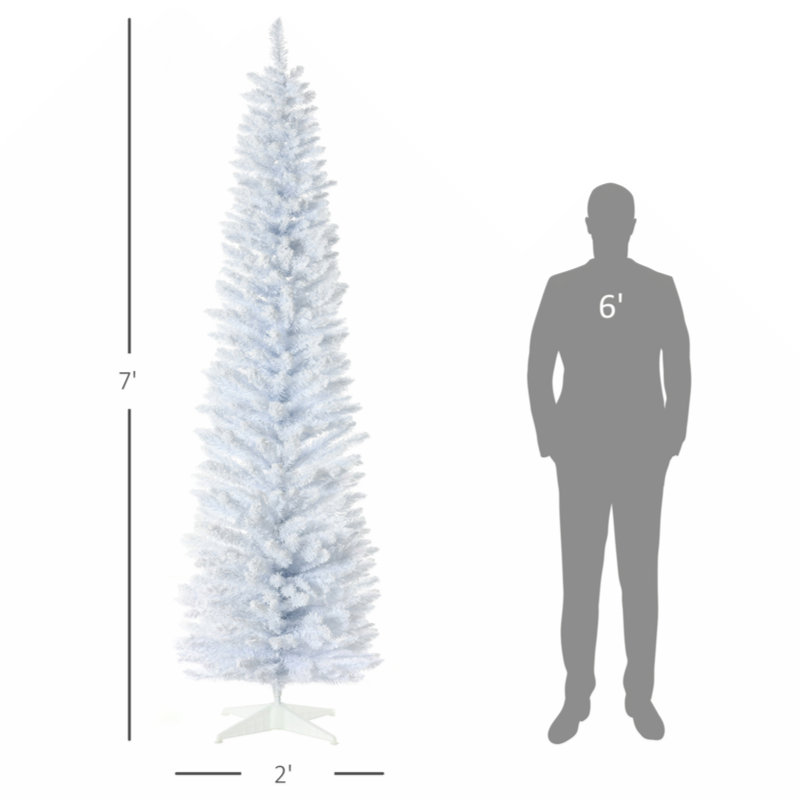 Arbre de Noël artificiel enneigé 7 pi, arbre de Noël mince avec branches réalistes et base en plastique pour décoration d'intérieur, blanc