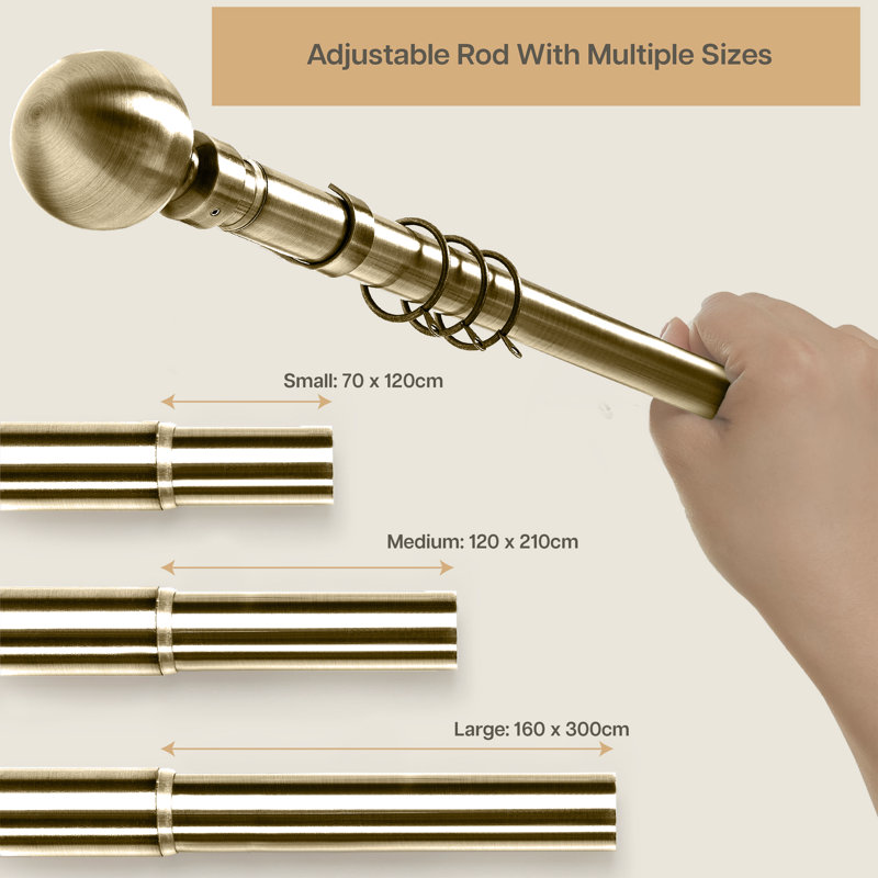 Almera Adjustable Curtain Pole/Rod Long-lasting Set for living room, bedroom, kitchen, 120cm - 210cm, Antique Brass