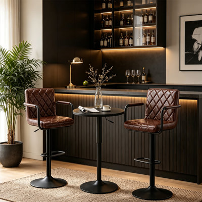 3 Piece Height-Adjustable Pub Table And Leathered Pedestal Bar Stool Dining Set