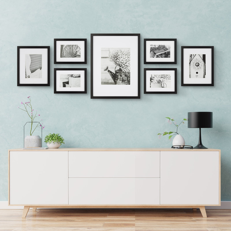 Gallery Wall Solid Wood Matted Picture Frame Kit - 7 Pieces with Two 8" x 10", Four 6" x 8", and One 12" x 16", Black