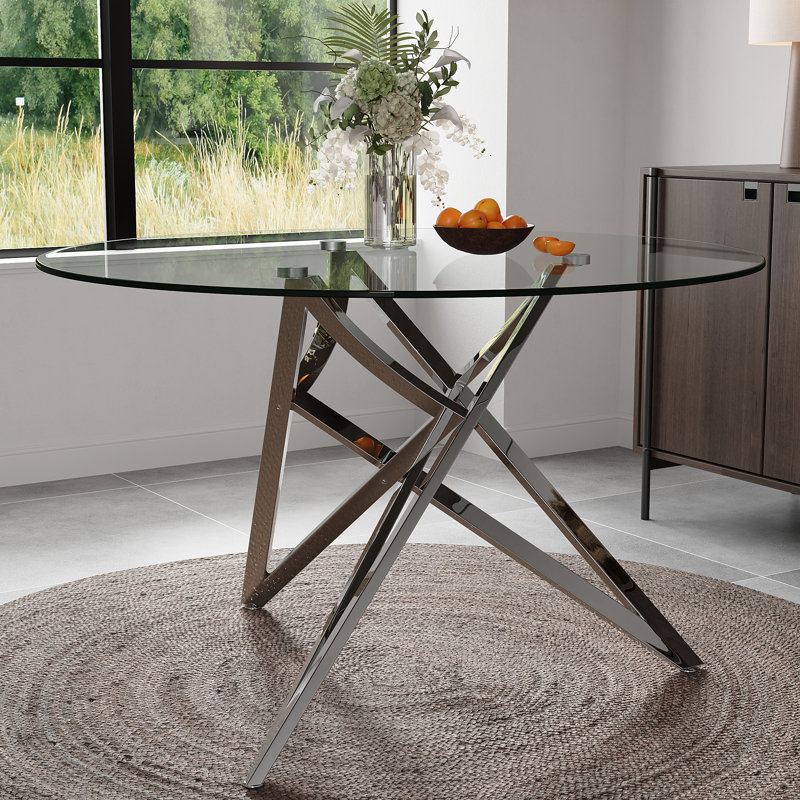 Table de salle à manger ronde en verre transparent de 47 pouces avec base, Argent argent