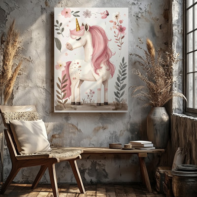 Canvas Magical Unicorn Canvaswhimsical Pink Maned Fantasy Art For Kids Wall Art Ready To Hang Gallery Wrapped Home Decor Modern Design