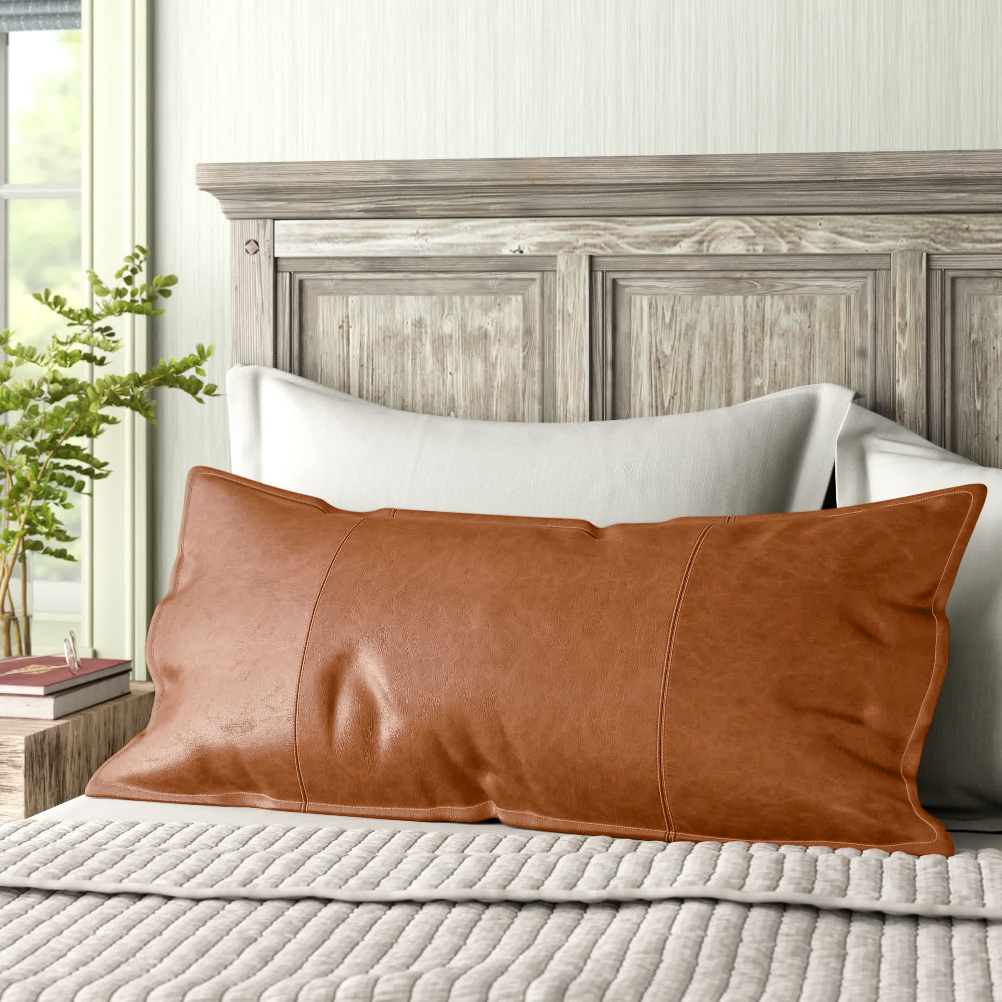Cutler Leather Accent Pillow, 16" x 36", Chestnut, Rectangular