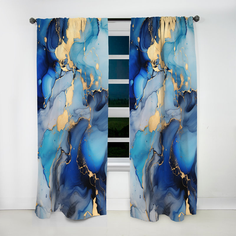 Abstract Curtain Panel, Blue Gold Fluid Art Blackout Decor - Blue And Gold Luxury Abstract Fluid Art II, 52" W x 120" L