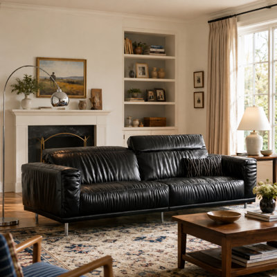 Modern Family Style Sofa with Soft Top Grain Leather Upholstery Comfortable and Durable Sofa Perfect for Living Room Seating