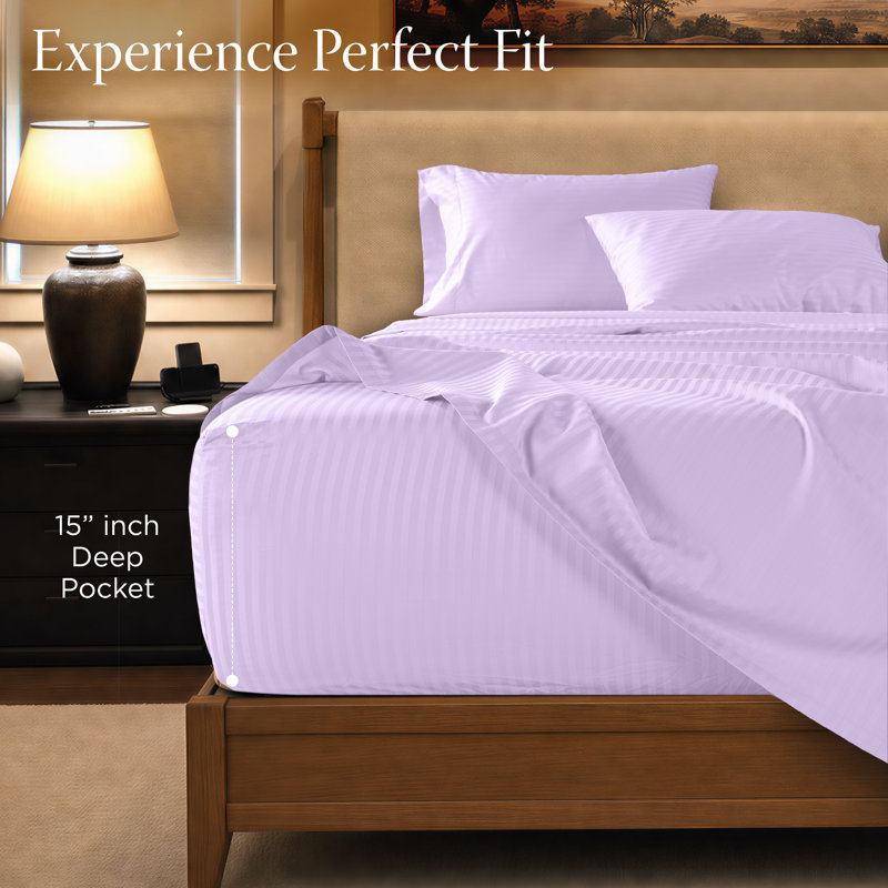 600 Thread Count 100% Cotton Sheet set in Sateen Weave, Twin Sheet Set with 1 Pillowcase, Lilac Damask, Stripe