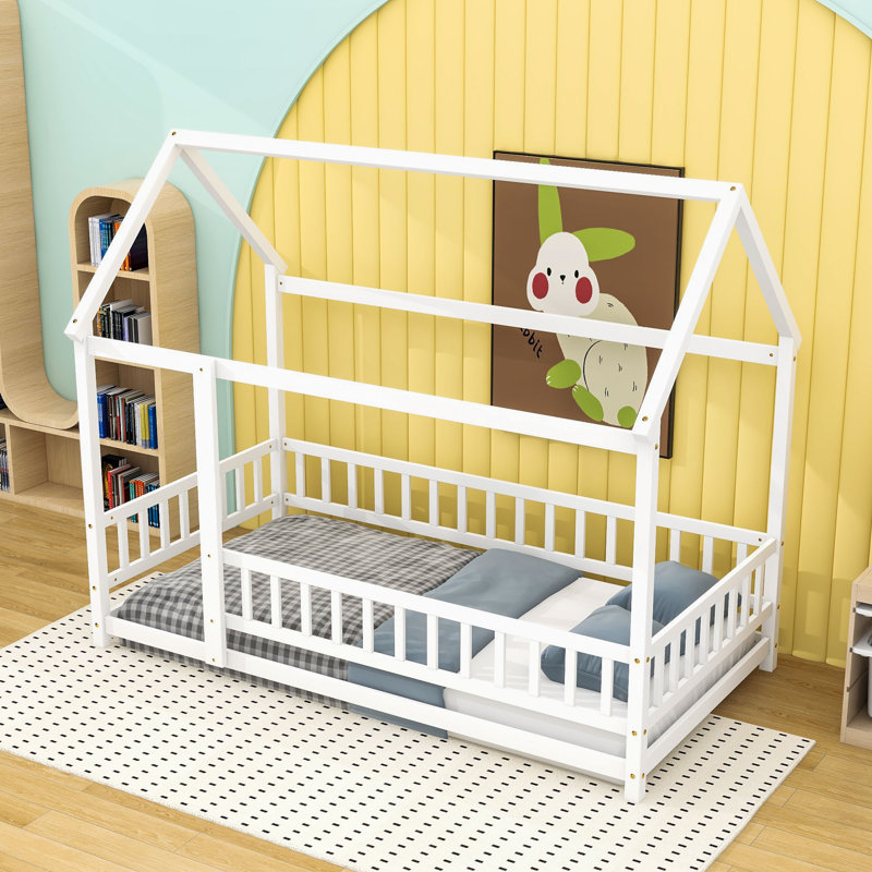 Wooden House Roof Floor Bed With Fence Design, Twin, White
