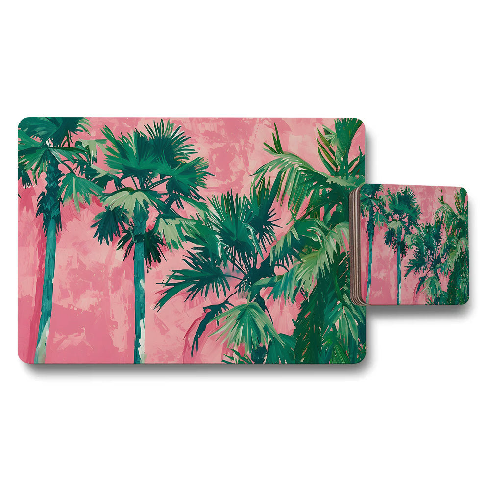 Palm Tree Placemats And Coaster Set Pink Tropical Background