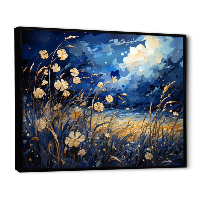 Coquelicots bleu marine - prairie, art mural, H 16 po x l 32 po x P 1 po, Cadre flottant noir