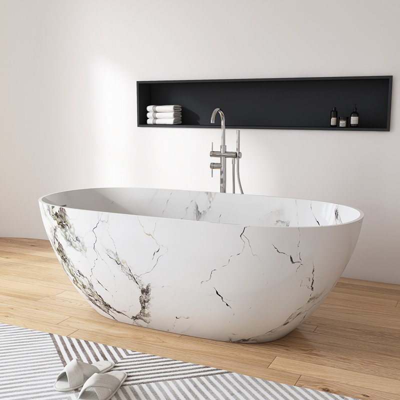 Baignoire autoportante de 63 po x 30 po à surface solide avec technologie hydrographique Marble