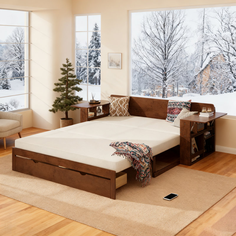 Daybed With Removable Desk, Storage Drawers & Hydraulic Side Table, Espresso Finish For Modern Living