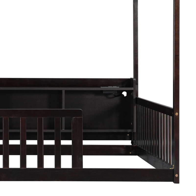 Lit de maison avec rangement intégré, éclairage DEL et station de charge, Espresso