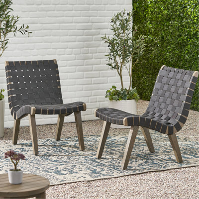 2Pcs Lounge Chairs, Transitional Style Outdoor Seating With Intricate Rope Strap Weave And Wood Base, Black Metal & Wood, 28" D X 20.52" W 30.01" H Chair Pair, Minimalist Furniture Tough Woven Rope,