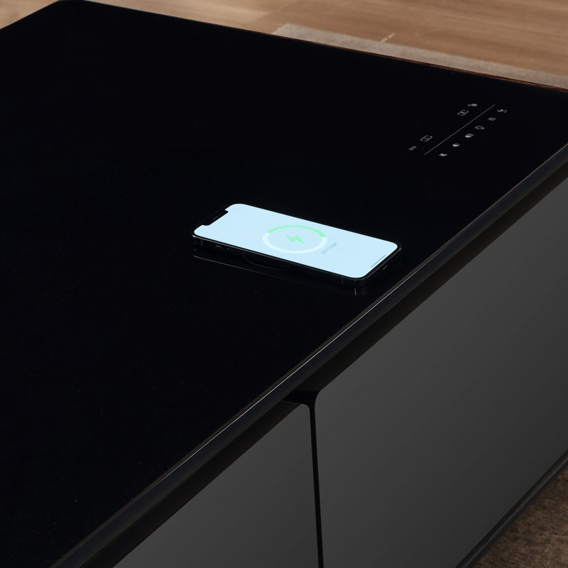 Brown High Gloss Smart Coffee Table with Built-in Fridge and Bluetooth Speakers
