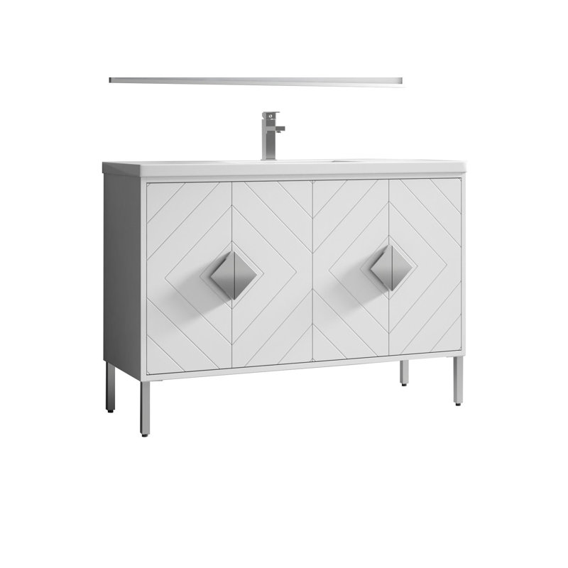 Meuble-lavabo moderne autoportant blanc Eileen de 48 pouces de marque Tennant, lavabo simple, dessus en composite acrylique, entièrement assemblé