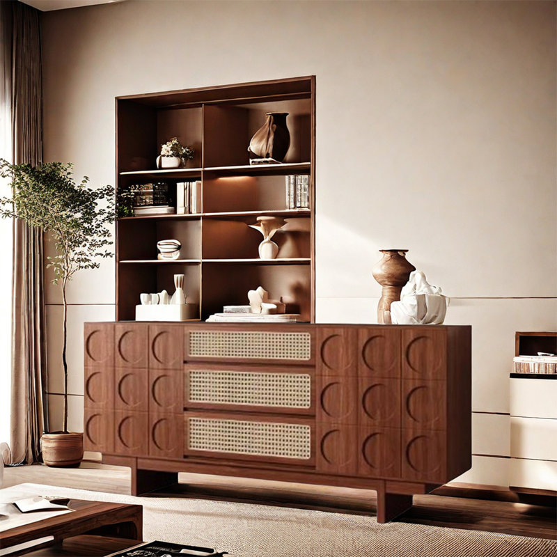 Buffet de rangement chic en rotin et bois de 70,87 po, Noyer
