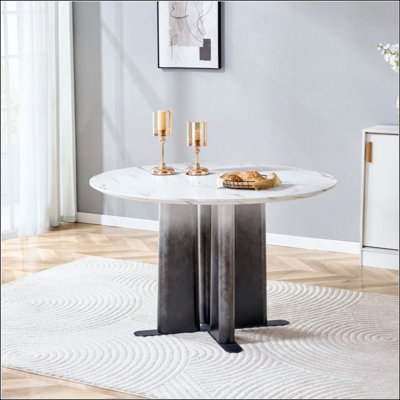 Table de salle à manger ronde en MDF à motif de marbre, pieds dégradés avec base en croix, table de cuisine compacte pour 2 à 4 personnes